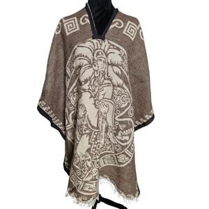 Vintage Mayan Aztec Goddess Warrior Cape Poncho Reversible Fringe Boho Festival